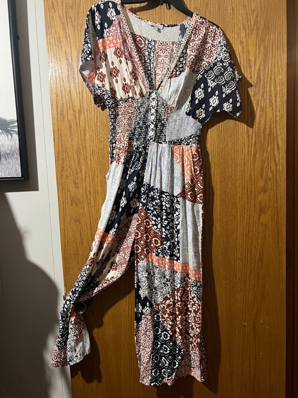 Patrons of Peace Patchwork Midi Dress in Navy, Rust & Cream
